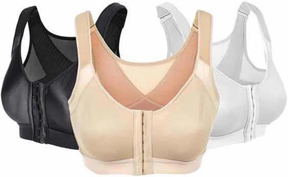 MISHAREN Women's Front Closure Sports Bra, Wireless Back Support, Seamless Posture Corrector, White Black Beige