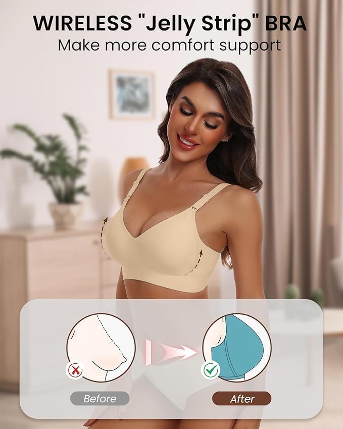 Misharen Wireless Full Coverage Jelly Bra for Women, V-neck, No Steel Ring, Seamless Push-Up with Removable Foam Pads for Yoga activewear and dailywear