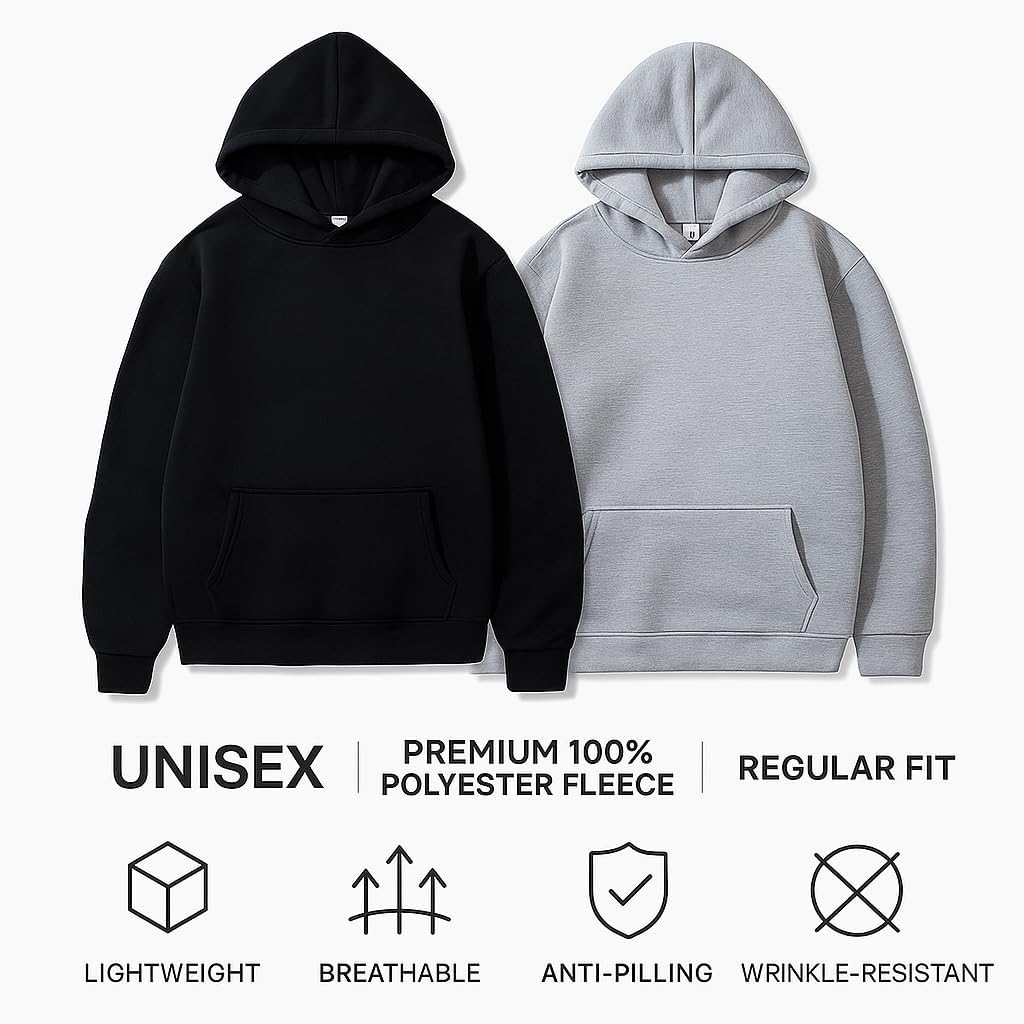 Light Weight Pullover Hoodie, 100% Polyester Fleece, Plain Sweatshirt for Men and Women, Regular Fit