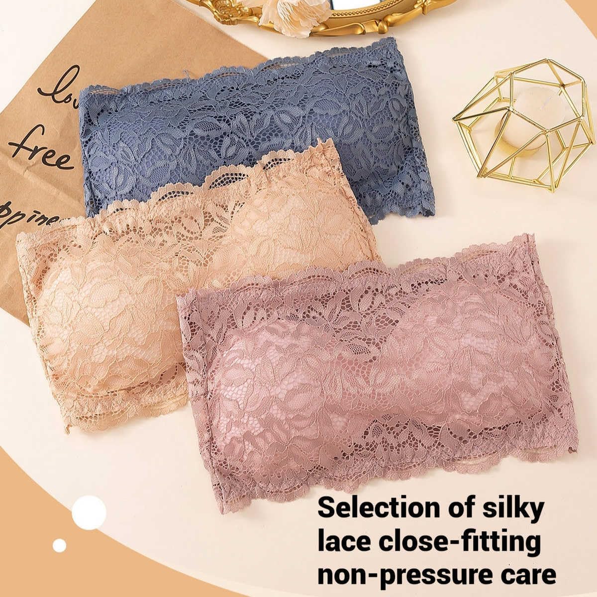 Misharen 3 Pcs Pack Bra For Girls Breathable Bralette tube top Chest Wrap lace Bra invisible wireless bra Lace traceless push up bra for teens