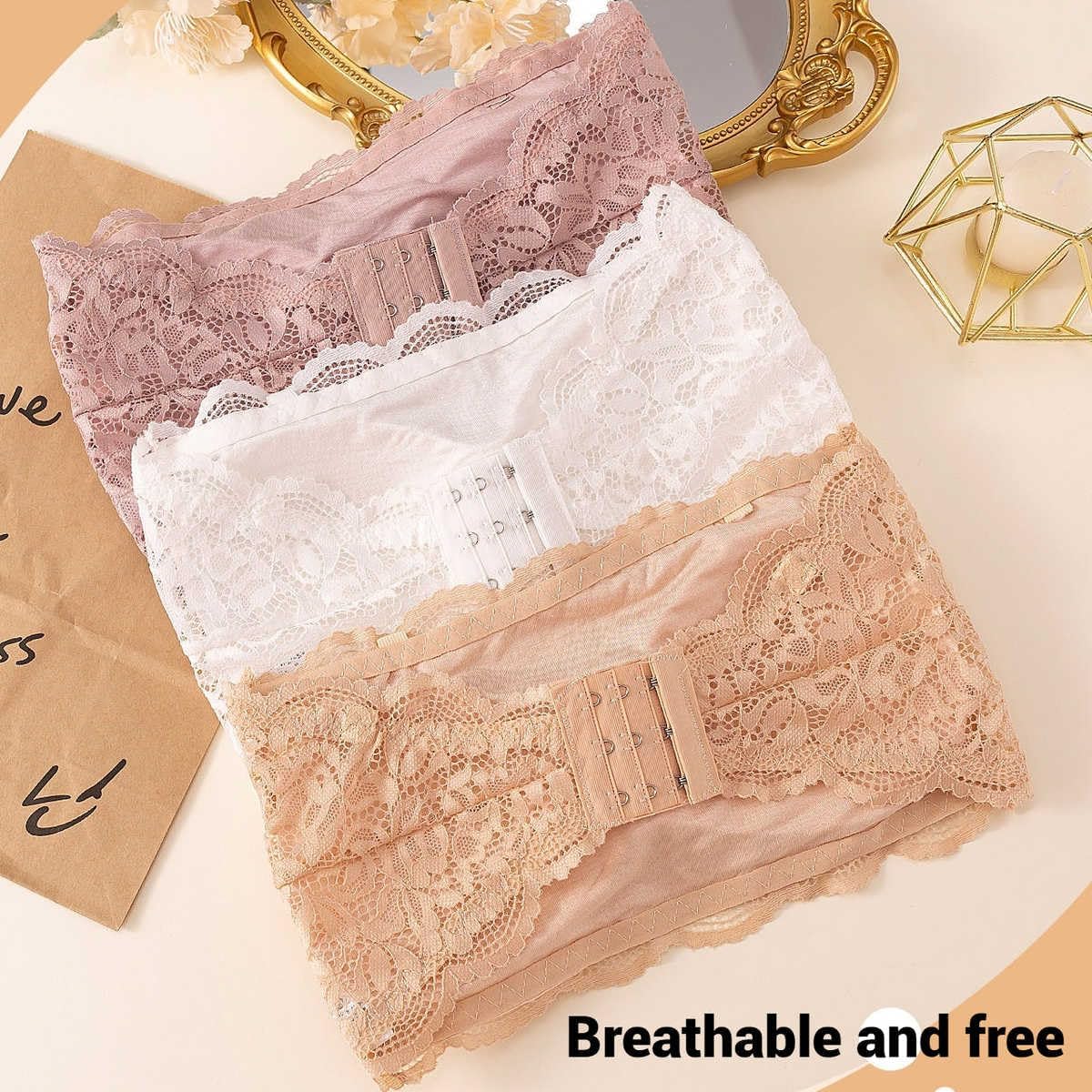 Misharen 3 Pcs Pack Bra For Girls Breathable Bralette tube top Chest Wrap lace Bra invisible wireless bra Lace traceless push up bra for teens